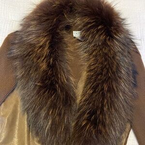 Leather/sweater jacket with raccoon fur collar